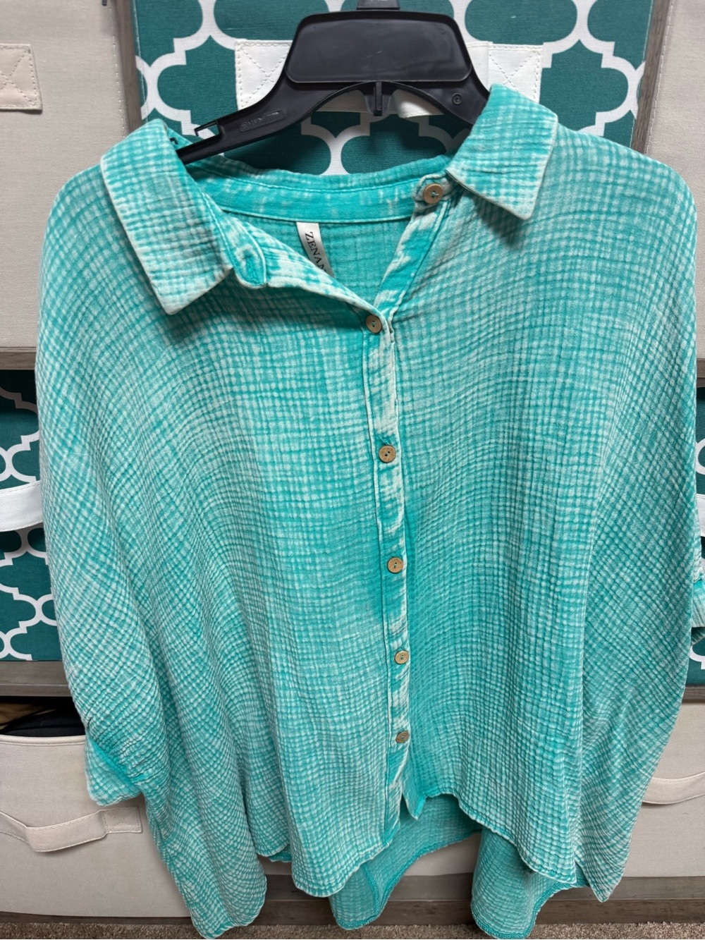 Zenana Outfitters Turquoise Plaid Button-Down Shirt